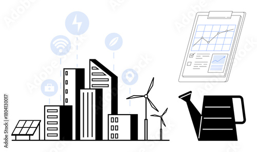 Buildings with wind turbines, solar panel, energy and tech icons, clipboard with chart, and watering can. Ideal for sustainability, green energy, technology, urban planning data analytics