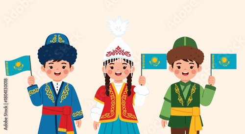 Joyful children in traditional Kazakh attire proudly wave national flags, celebrating Kazakhstan's Independence Day with patriotism and cultural spirit