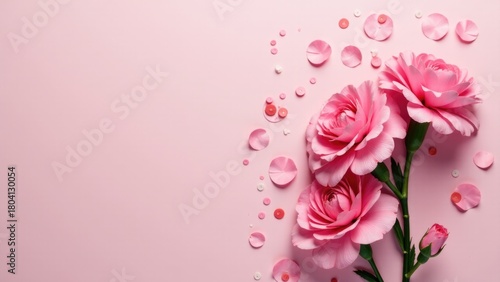 Wallpaper Mural Three pink flowers on a pink background with confetti, suitable for birthday or celebration design Torontodigital.ca