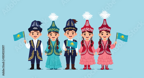 Kazakhstan's Independence Day illustration of children in traditional attire waving flags
