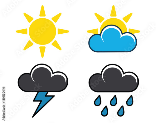 A collection of four simplified weather icons depicting sunshine, partly cloudy with sun, a thunderstorm with lightning, and rain.