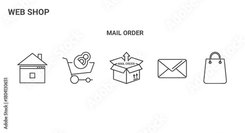 Web shop and mail order icons: home, cart, box, envelope, shopping bag.