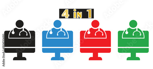 Telemedicine and Online Doctor Consultation Icon Set, Stethoscope and Human Figure on Computer Monitor, Digital Healthcare Technology