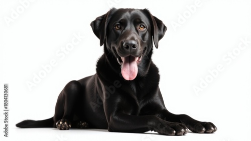 A relaxed black dog lying down with its tongue hanging out