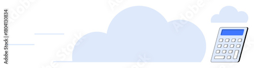 Calculator floats beside soft cloud icon, symbolizing digital data, cloud computing, and remote access. Ideal for technology, finance, SaaS, productivity, innovation abstract thinking and simple