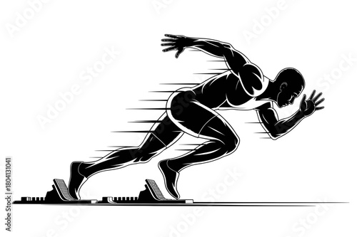 A stylized monochrome illustration of a sprinter launching from starting blocks with motion lines for speed