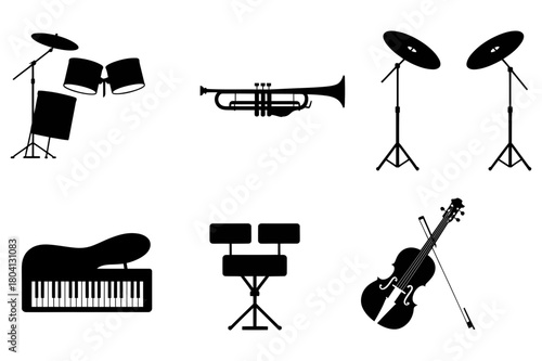Illustration of a drum set trumpet cymbals piano timpani and violin in black silhouette on white