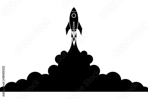 A black and white illustration of a rocket launching with a large cloud of smoke below it in the image