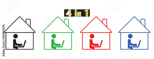 Work From Home Concept Outline Icon Collection, Person Working on Laptop Inside House Shape, Remote Job and Digital Lifestyle