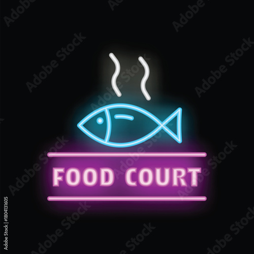 Neon food court sign with steaming fish icon attracting customers