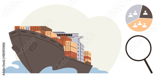 Cargo ship transporting containers on ocean waves, teamwork pie chart, and magnifying glass. Ideal for logistics, trade, global commerce, teamwork analysis, shipping, market research simple flat