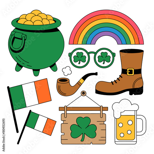 St. Patrick’s Day Cartoon Icon Set – Pot of Gold, Rainbow, Irish Flags, Shamrocks and Beer.