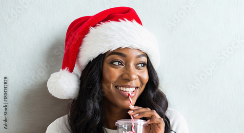 Happy black woman sipping drink in Santa hat at festive celebration  