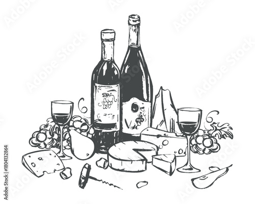 Vector composition with wine, glass of wine and snack. Grapes, cheese and fruits in quick linear ink sketch style. Clip art for restaurant menu, wine list or invitation to tasting.