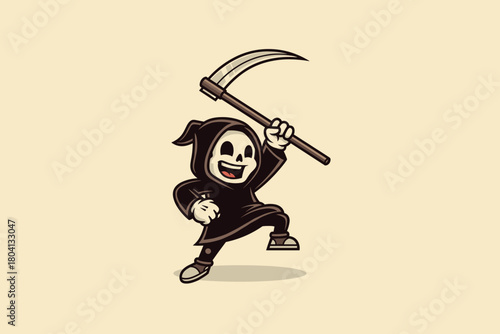 Cute Grim Reaper Character Holding Scythe.