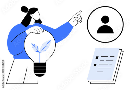 Person holding a light bulb with a leaf inside, pointing at a user icon, next to document stack. Ideal for innovation, sustainability, creativity, teamwork, eco-consciousness, leadership roles