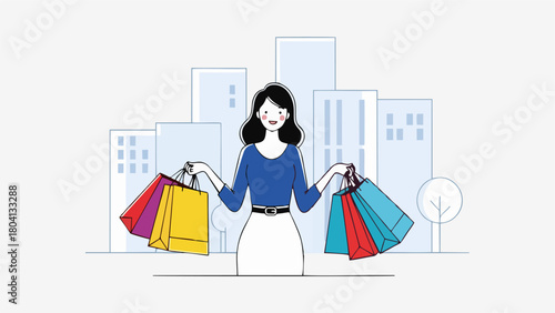 Happy Woman with Shopping Bags in City Vector Illustration