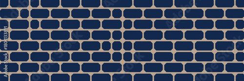 Repeating pattern of rounded navy rectangles and squares on a light beige background creating a grid design