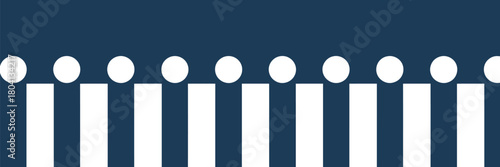 A graphic design featuring a repeating pattern of white rectangles topped with white circles on blue background