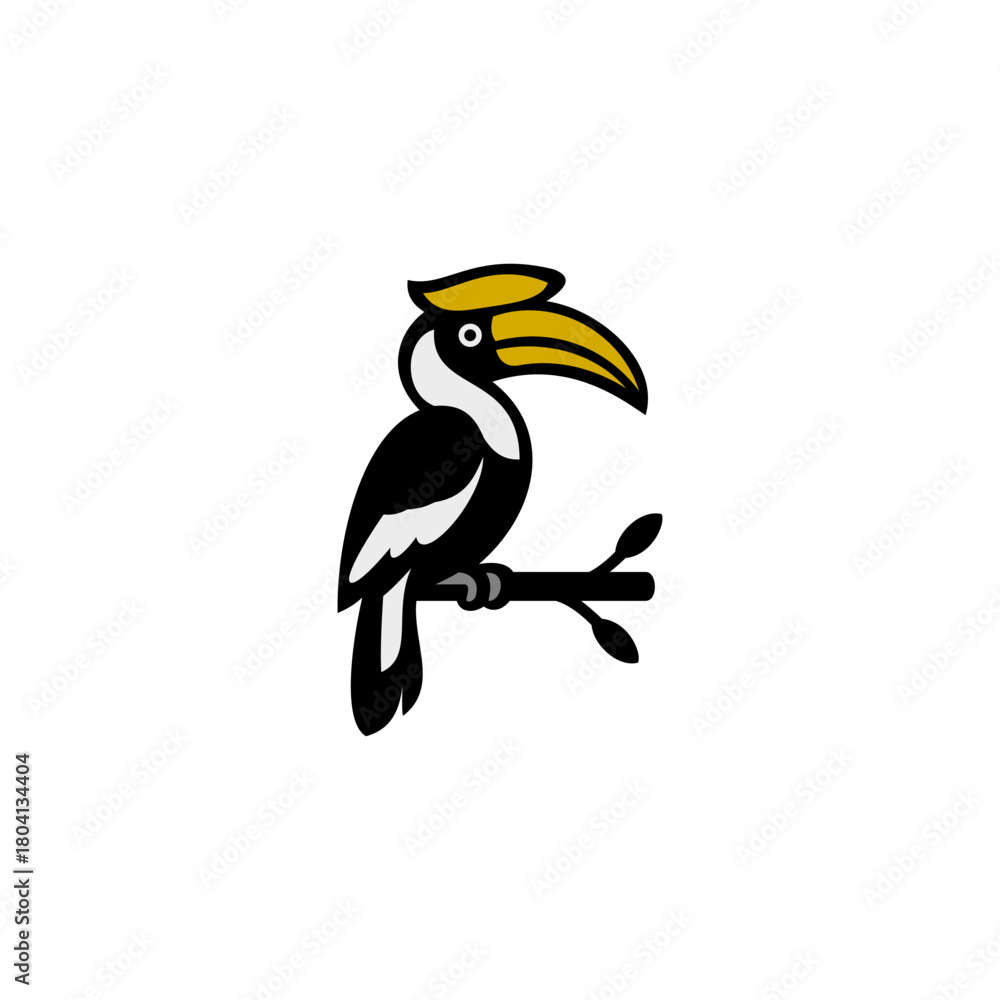 Obraz premium A bold stylized hornbill illustration perched on a branch, featuring a distinct beak, clean outlines, and vibrant accents