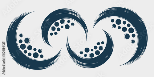 Abstract illustration featuring interconnected crescent shapes with circular dot patterns on a light background