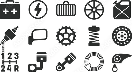 Collection of various car parts icons in black and white style