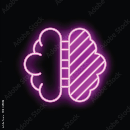 Neon brain icon glowing on dark background representing thinking process and brain power