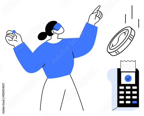 Woman tossing a coin near a card reader issuing a receipt, representing digital payment. Ideal for technology, finance, e-commerce, cashless economy, mobile banking, retail innovation themes. Simple
