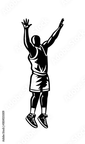 Basketball Player Jumping Arms Raised Blocking Shot Black and White Vector