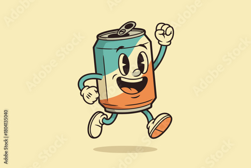 Retro cartoon soda can character running with joy.
