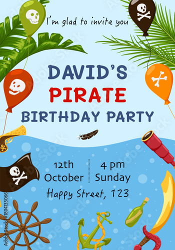 Pirate birthday party invitation with tropical leaves, anchor, ship wheel, ocean adventures. Vector cartoon illustration for kids celebration, greeting card, poster with copy space. Clipping mask