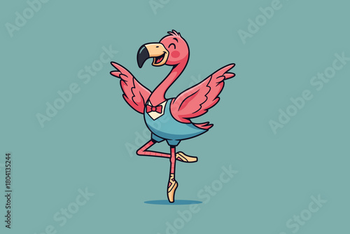 Funny Cartoon Flamingo Dancing Ballet On One Leg.