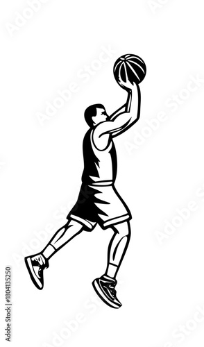 Basketball player jumping with ball in action pose