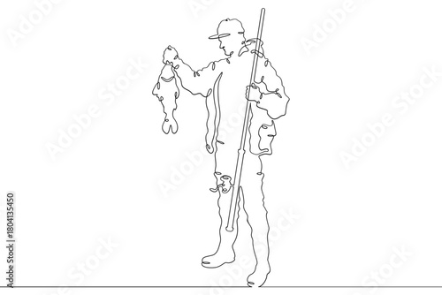 a fisherman with a caught fish. Fisherman with a spinning rod. Linear . One continuous line isolated minimalist illustration. Not AI.