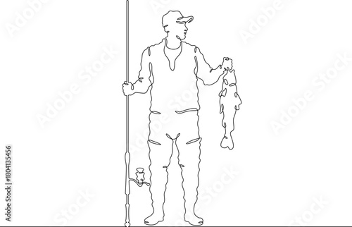 a fisherman with a caught fish. Fisherman with a spinning rod. Linear . One continuous line isolated minimalist illustration. Not AI.