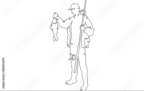 a fisherman with a caught fish. Fisherman with a spinning rod. Linear . One continuous line isolated minimalist illustration. Not AI.