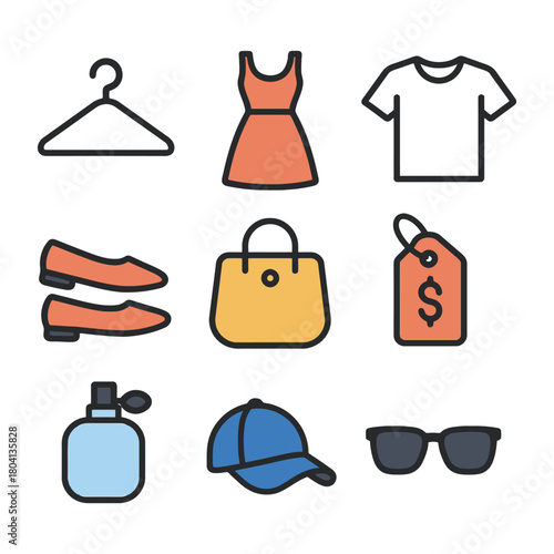 Fashion icons collection: dress, shirt, shoes, bag, price tag, perfume, cap, sunglasses.