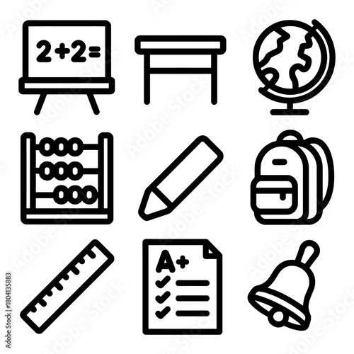 Educational icons: chalkboard, desk, globe, abacus, pencil, backpack, ruler, report card, school bell.