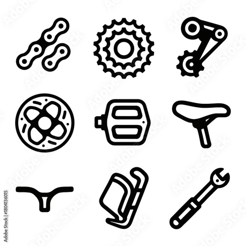 Bicycle parts icons collection: chain, gear, derailleur, pedal, seat, wrench.