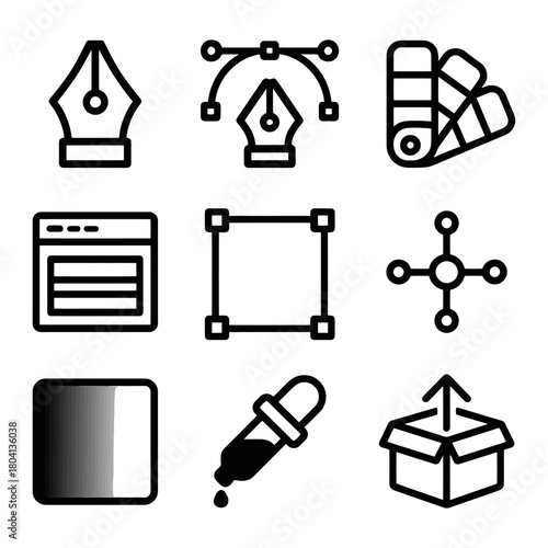 Graphic design tools icons set: pen tool, color swatches, templates, and more.
