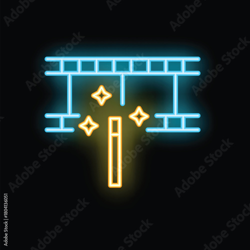 Neon street lamp shining bright at night, illuminating the dark with a warm yellow glow