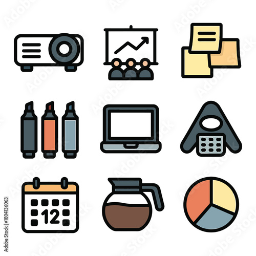 Office tools: projector, chart, sticky notes, markers, laptop, speakerphone, calendar, coffee pot, pie chart.