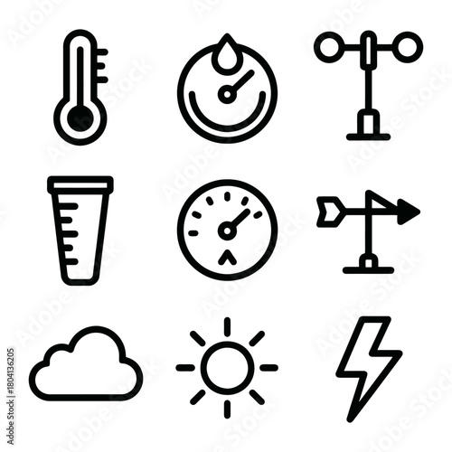 Weather measurement icons: temperature, humidity, wind, precipitation, pressure, cloud, sun, lightning.