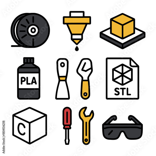 3d printing tools and materials: filament, nozzle, cube, stl file, goggles.