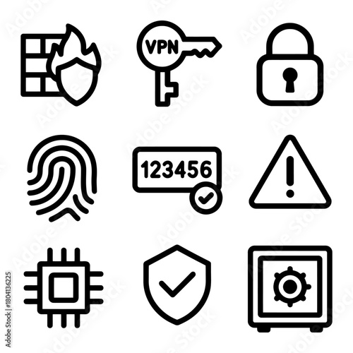 Cybersecurity icons set with firewall, vpn key, padlock, fingerprint, and safe.
