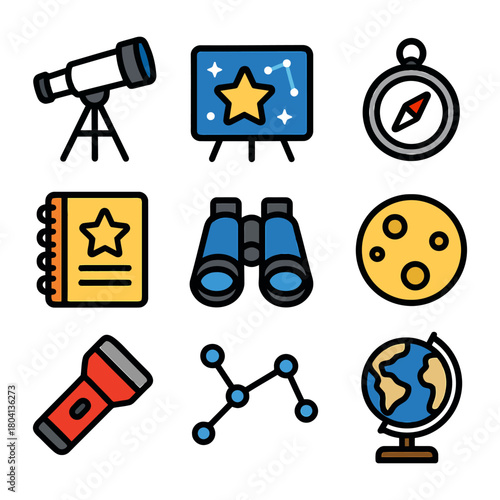 Astronomy icons: telescope, constellation chart, compass, notebook, binoculars, moon, flashlight, globe.