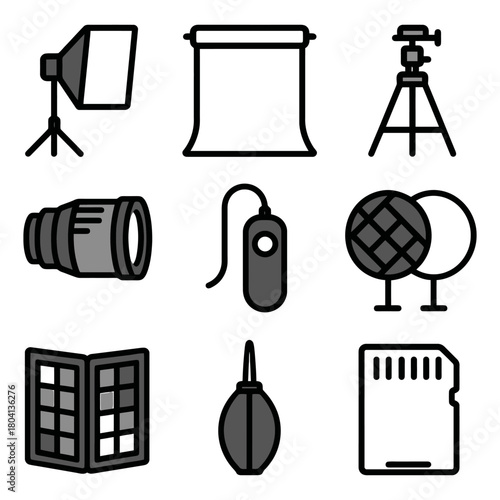 Essential photography equipment icons: lighting, tripod, lens, backdrop, card.