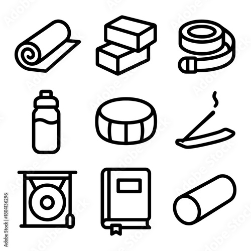 Line icons of yoga mat, blocks, strap, water bottle, meditation cushion, incense, gong, book, foam roller.