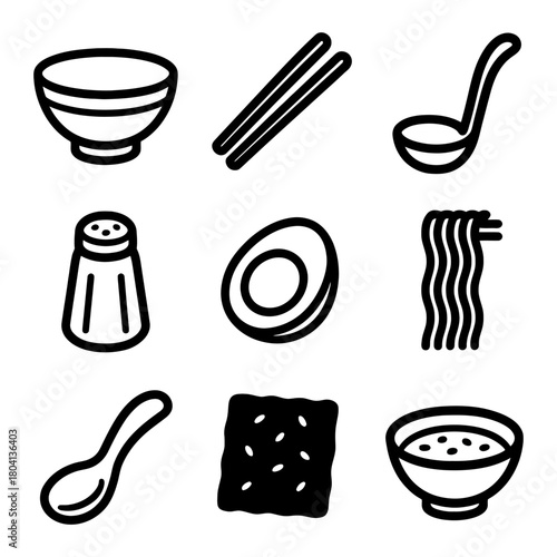 Black and white cooking icons: bowl, chopsticks, ladle, salt shaker, egg, noodles, spoon, cracker, soup.
