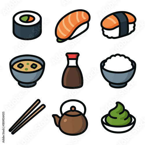 Japanese cuisine icons: sushi, miso soup, chopsticks, tea, wasabi, soy sauce, rice.